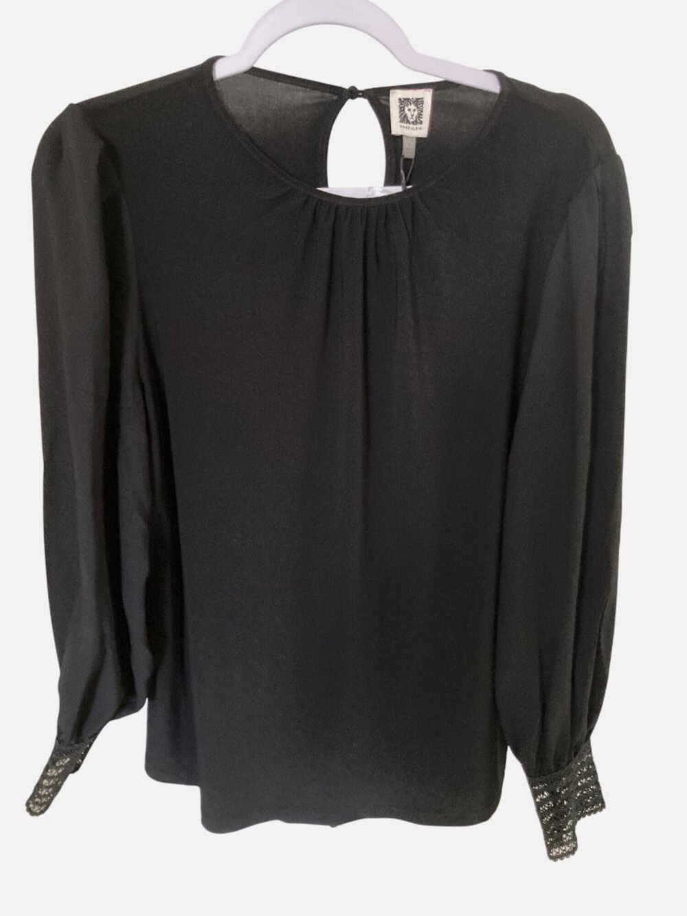 ANNE KLEIN WOMENS  BLOUSON Long Sleeve Lace Blouse Black  Small NWT
